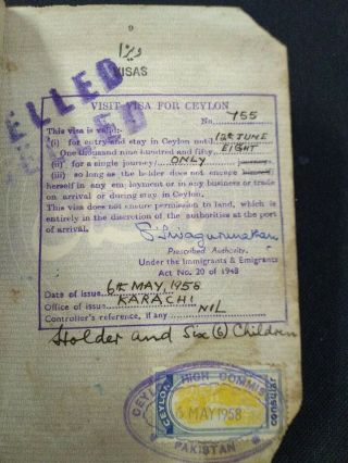 1958 Ceylon Sri Lanka Consular Revenue Stamp On Pakistan Passport Visa Page