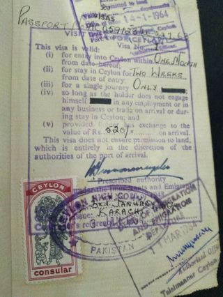 1964 Ceylon Sri Lanka Consular Revenue Stamp On Pakistan Passport Visa Page