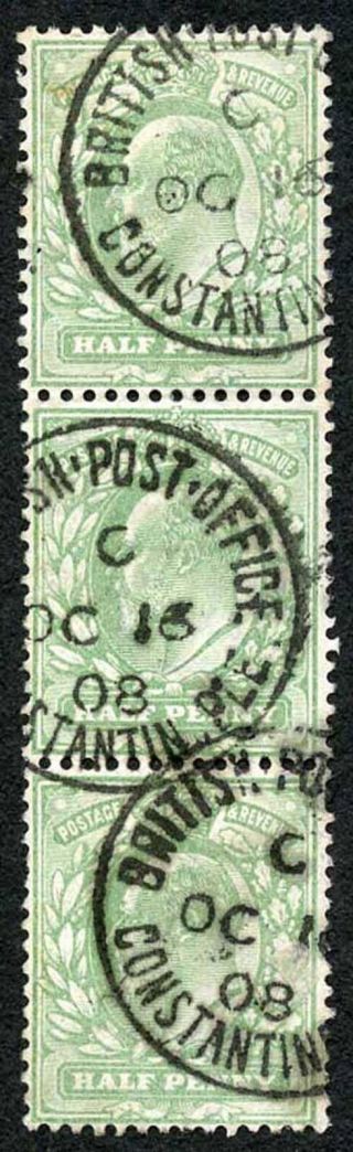 British Levant Sg Z161 Kevii 1/2d Yellow Green Strip With Constantinople Cds
