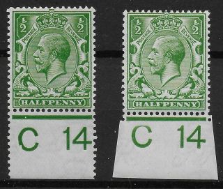 1912 - 22.  Royal Cypher 1/2d.  C14 (p) & C14 (i) Deep Green & Green Resp.  Mm.  Ref 9/81