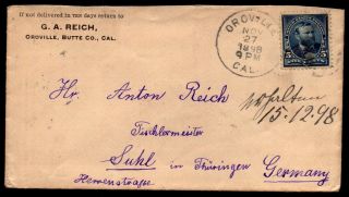 1898 Scott 281 5 Cents Grant Single Franking Cover To Germany From California
