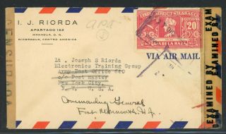 Nicaragua Postal History: Lot 5 1942 Double Censored 20c Forwarded Jersey $