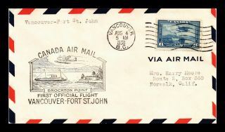 Dr Jim Stamps Vancouver Fort St John Airmail First Flight Canada Cover