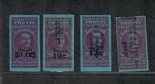 Us Puerto Rico Cigarette Revenue Stamps 1947 Cigarettes 4 Different