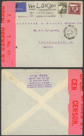 Palestine Wwii 1939 - Air Mail Cover To Copenhagen Denmark - Censor 34740/6