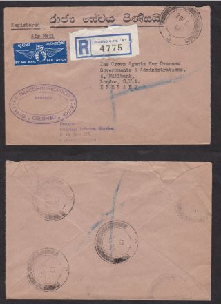 Ceylon 1961 Registered Official Cover Letter To England Overseas Telecomm