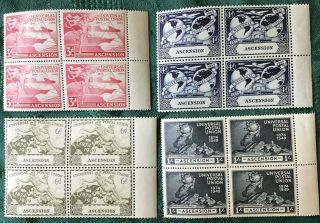 Ascension - 1949 75th Anniversary Upu Set Of 4 Blocks Of 4 Stamps,  Sg 52 - 55,  Mnh