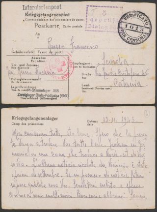Germany Wwii 1943 - Pow Postcard Stalag 366 To Italy - Censor 35248/9