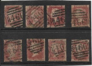 Gb 1858 - 79.  1d.  Reds X 8 With Stott & Co (liverpool) Perfins.  Sg43/44 (735)