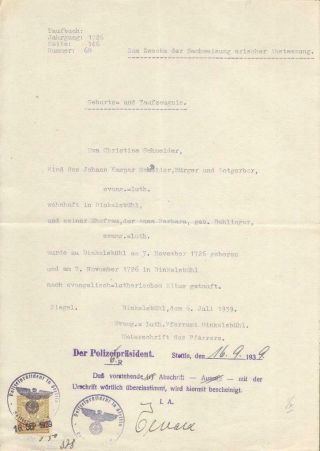 Germany Nazi Era Document Police Revenue Stettin 1939 Fiscal Stempelmarke