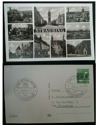 Rare 1948 Germany (allied Occ Zone) Postcard " Straubing " Ties 10 Pfg Stamp