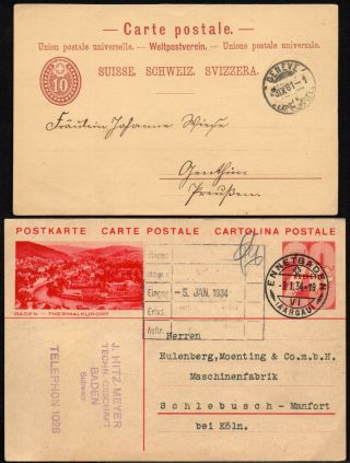 1881.  /34.  Switzerland Schweiz Suisse 2 Postcards Ennetbaden Geneve Schlebusch