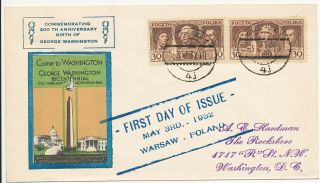 1932 Poland Cancel & Issue For George Washington Bicentennial Cachet First Day