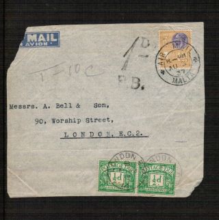Malta 1937 Front Only To London Bearing 2 X Halfpenny Postage Dues