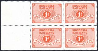Rhodesia Railways 1957 - 63 1d " Single Newspaper Railage " Stamp,  Block Of 4,  Um