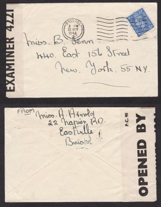 Gb Great Britain 1944 Kgvi Censored Cover To Usa