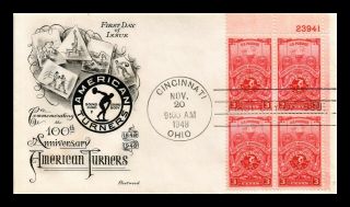 Dr Jim Stamps Us American Turners 100 Years Fdc Cover Plate Block Scott 979