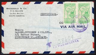 Bolivia 1948 Reg/airmail Cover W/stamps From La Paz To England