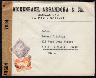 Bolivia 1940 Cover W/stamps From La Paz To Usa Checked By Censorship