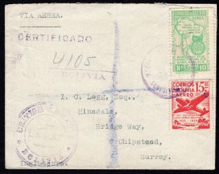 Bolivia 1950 Reg/airmail Cover W/stamps From La Paz To England