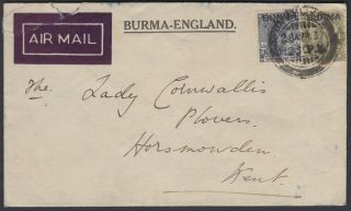 Burma - England 1937 2v Ovpt On India Airmail Flight Cover To Kent - N41460