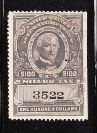 Us Bob Revenue Silver Tax $100 Stamp Rg130 Staple Holes