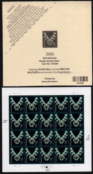 Native Art 2004 Us Americana 3750 Navajo Jewelry Top Card,  2c Vf 20 Stamp Sheet