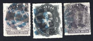 Brazil 1876 Group Of 3 Stamps Mi 33 Double Canc.  Blue,  Black Cv=150€