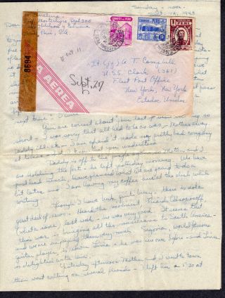 1943 Censored Letter Lt (jg) On Uss Clark (dd - 361) 2 - Page Letter From Peru Oy802