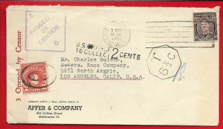 Australia 1943 Wwii Censored,  Postage Due Cover To Los Angeles Ca Usa