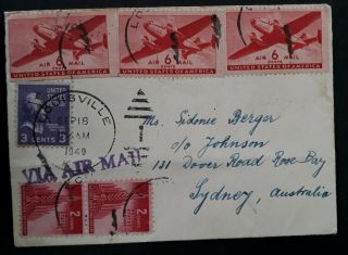 Rare 1949 United States Airmail Cover Ties 6 Stamps Canc Louisville To Australia