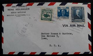 Scarce 1947 El Salvador Airmail Cover Ties 3 Stamps Canc Metapan