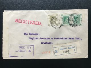Hong Kong 1940 Kgvi 40c Hsbc Registered Cover To Australia Opened By Censor
