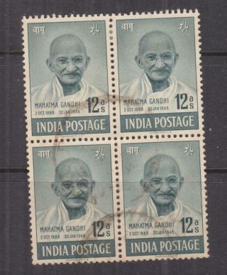India,  1948 Gandhi 12a.  Green,  Block Of 4, .
