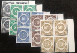 Malaysia 1966 Postage Due Stamps 5 X Blocks Of 4 Stamps To 50 Cents Mnh