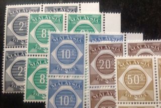 Malaysia 1966 Postage Due Stamps 5 X Blocks Of 4 Stamps To 50 Cents Mnh 2