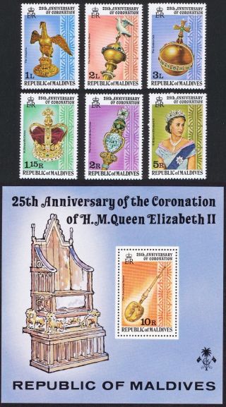 Maldives 25th Anniversary Of Coronation 6v,  Ms Mnh Sg 755 - Ms761 Sc 735 - 742a