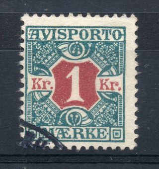 Denmark = 1907 Newspaper Stamp 1 Kr.  Claret & Blue Green.  Sg N138.  Fine.