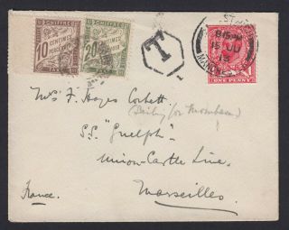 1913 Gb Great Britain Kgv 1d Stamp On Cover To Union Castle Ship France Due Taxe