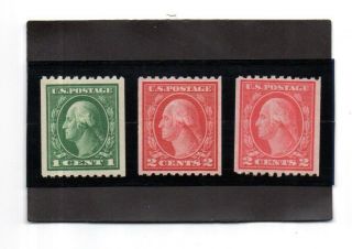 Scott 486,  487,  488 Mnh Og Coil Stamps 1916 1,  2 Cent (washington) Perf 10 Horiz