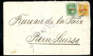 1916? Ww1 Era Cover Apia Samoa Postmark Cds To Bern Switzerland Overprint Stamp