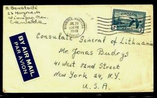 Consul General Of Lithuania; Winnipeg,  Canada Mew York,  Us; Air Mail Cover; 19