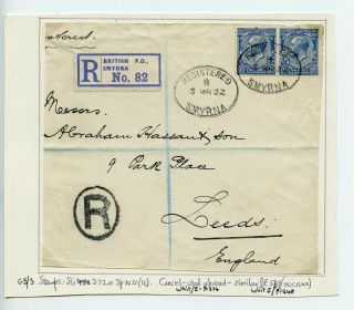Gb 1922 Registered Cover Front From British Po Smyrna 2x 2½d (t463)
