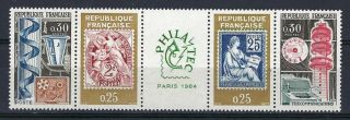 France 1964 Sc 1088a Set Mechanized Mail Handling Strip 4,  Label Mnh