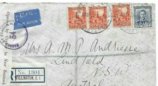 Zealand 1942 Registered Censored Air Mail Cover Wellington To Sydney