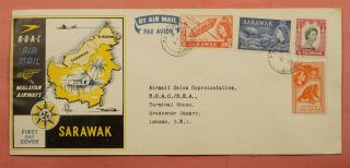 1957 Sarawak Fdc Boac Malayan Airways Flight To England Cachet