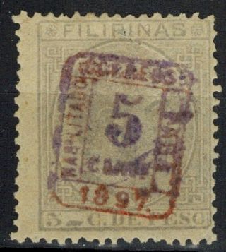 1897 Spanish/philippines Stamp - Sc Unlisted.  5c Red/black On 5c Blue/gray