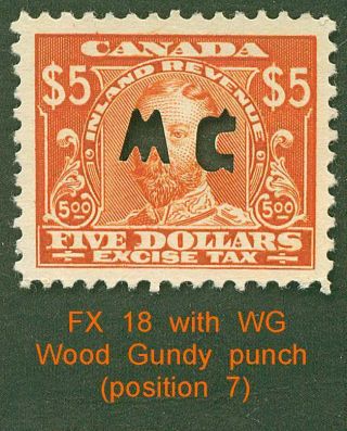 Canada Revenue Excise Tax Stamp Fx18 Wg Wood Gundy Punch Cancel