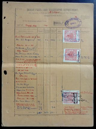 India Dholpur State Revenue Stamps On Post Office Document