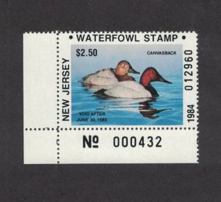 Nj1 - Jersey First Of State Duck Stamp.  Plate Numbered Single.  Mnh.  Og.